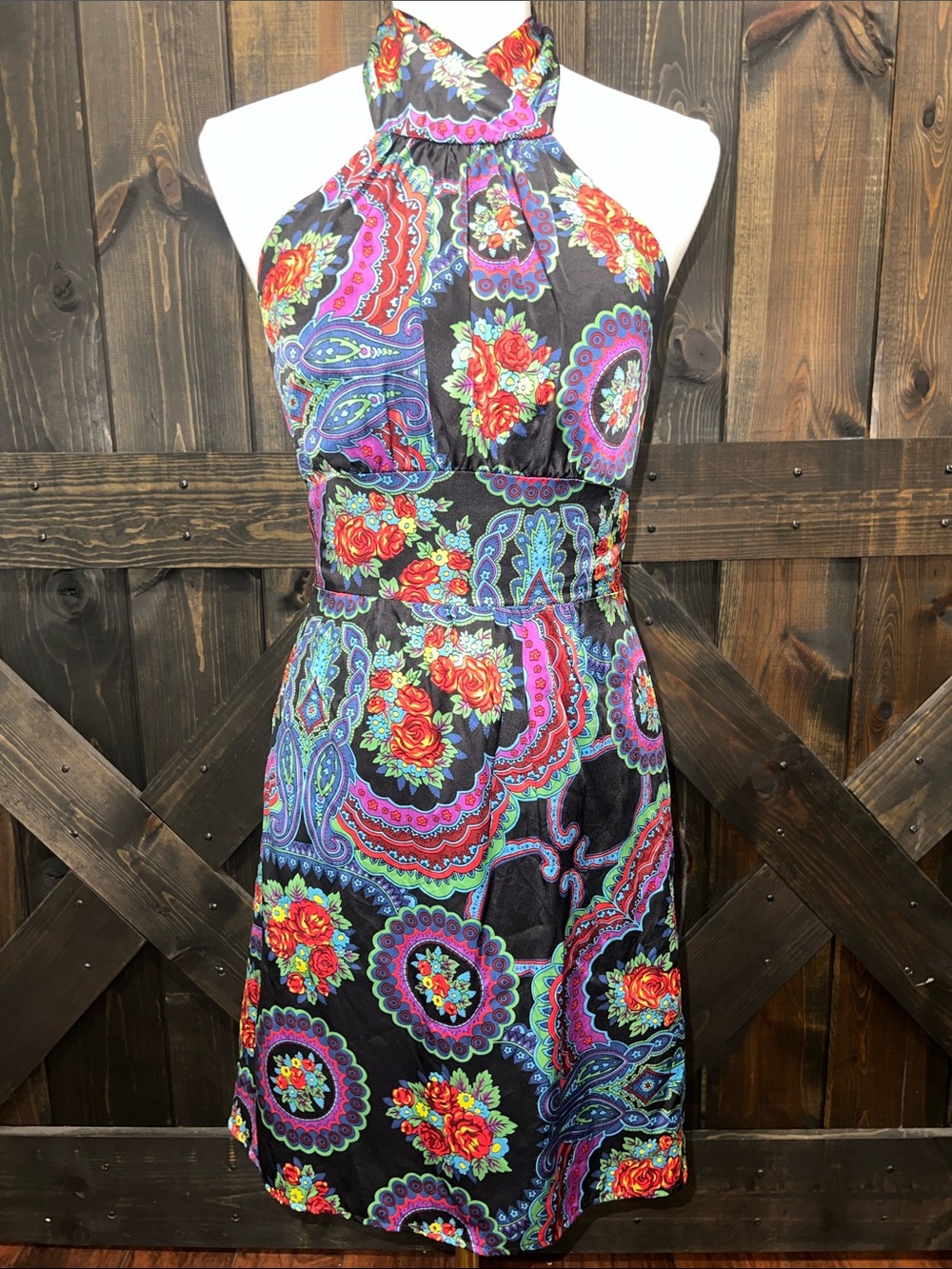 Betsey Johnson Silk Black Multi Halter Mini Dress 10 Smocked Colorful Paisley